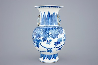 A Chinese blue and white vase with ruyi handles and a Kangxi-style plate, 19th C.