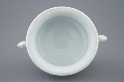 A round Dehua blanc de Chine censer with moulded and underglaze decoration, Kangxi
