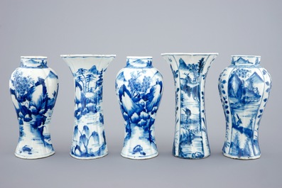 A Chinese blue and white five piece garniture, Kangxi