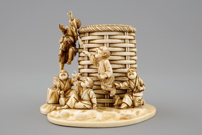 A Japanese ivory brushwasher group, Meiji, 19th C.