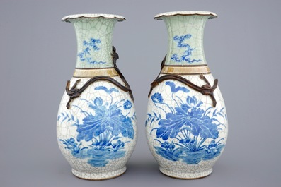 A pair of Chinese blue and white on crackle and celadon ground vases, 19th C.