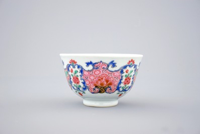 A set of five Chinese famille rose cups and saucers, Qianlong