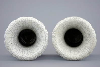 A pair of Chinese blue and white on crackle and celadon ground vases, 19th C.