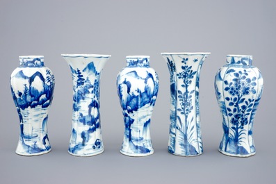 A Chinese blue and white five piece garniture, Kangxi