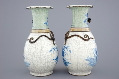 A pair of Chinese blue and white on crackle and celadon ground vases, 19th C.