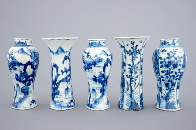 A Chinese blue and white five piece garniture, Kangxi
