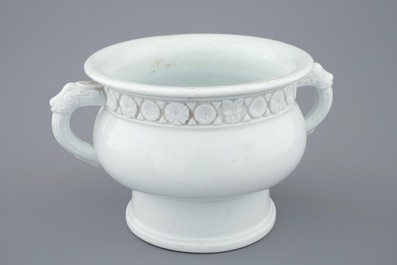 A round Dehua blanc de Chine censer with moulded and underglaze decoration, Kangxi