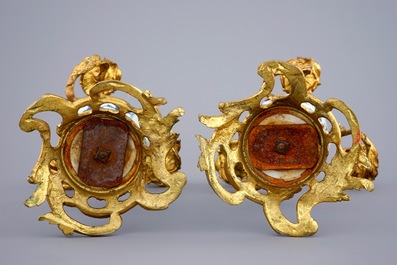 A pair of ormolu-mounted candelabra blue and white Chinese vases, Kangxi