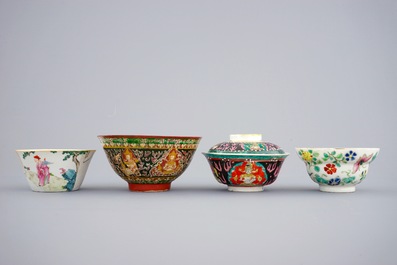Een lot van 10 diverse Chinese famille rose en Bencharong kommen, 19/20e eeuw