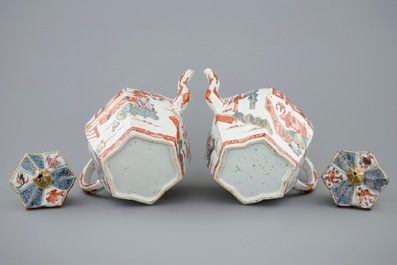 A fine pair of large Chinese Imari style teapots and covers, Kangxi