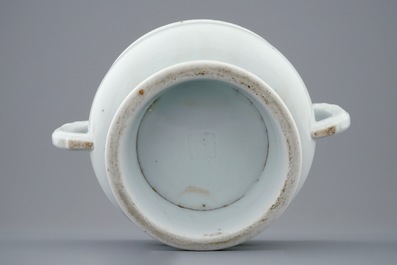 A round Dehua blanc de Chine censer with moulded and underglaze decoration, Kangxi