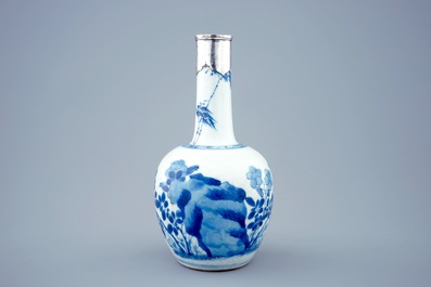 A Chinese blue and white bottle shaped vase with silver mount, Kangxi