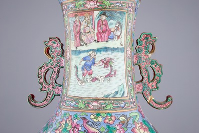 A massive Chinese famille rose on blue ground vase with a court scene, 19th C.