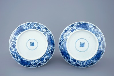 A pair of Chinese blue and white "Phoenix" plates, Kangxi