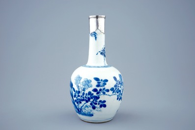 A Chinese blue and white bottle shaped vase with silver mount, Kangxi