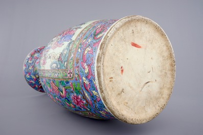 A massive Chinese famille rose on blue ground vase with a court scene, 19th C.