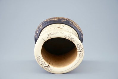 A Japanese carved and signed ivory brushpot on gilt-lacquered stand, Meiji, 19th C.