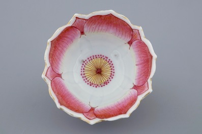 A Chinese famille rose lotus-shaped cup and saucer, Yongzheng, 1723-1735