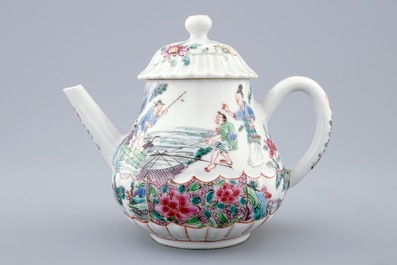 A fine Chinese famille rose teapot and cover with a fishing scene, Yongzheng, 1723-1735
