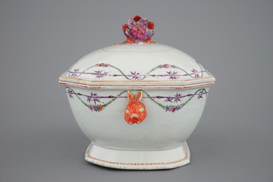 A monogrammed Chinese famille rose 25-piece service with a tureen on stand, Qianlong, 18th C.