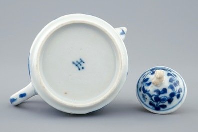 A blue and white Chinese lotus shape moulded teapot and cover, Kangxi