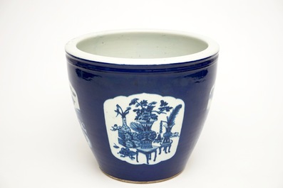 A Chinese blue and white blue ground fish bowl, 19th C.