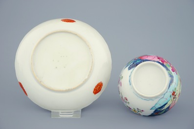 Een set van 5 Chinese famille rose koppen en 3 schotels met decor van tabaksbladeren, Qianlong, 18e eeuw