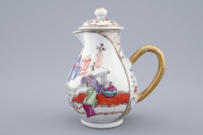 Une verseuse couverte en porcelaine de Chine &agrave; d&eacute;cor mandarin, Qianlong, 18&egrave;me