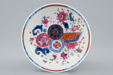 A Chinese famille rose cup and saucer with pseudo tobacco leaf design, Qianlong, 18th C.