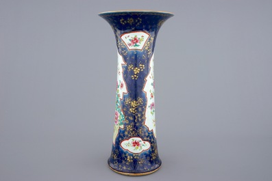 A tall Chinese famille rose powder blue ground vases, Qianlong, 18th C.