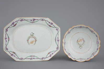 A monogrammed Chinese famille rose 25-piece service with a tureen on stand, Qianlong, 18th C.