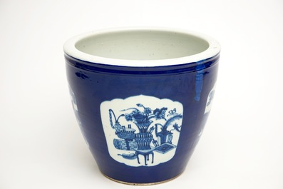 A Chinese blue and white blue ground fish bowl, 19th C.