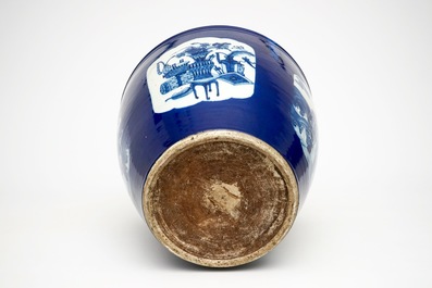 A Chinese blue and white blue ground fish bowl, 19th C.