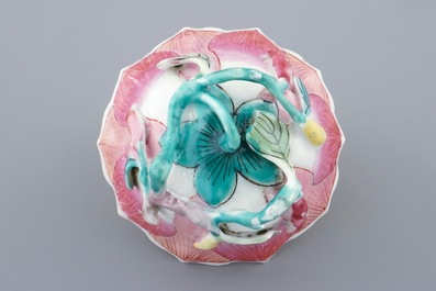 A Chinese famille rose lotus-shaped cup and saucer, Yongzheng, 1723-1735