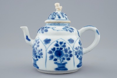 A blue and white Chinese lotus shape moulded teapot and cover, Kangxi