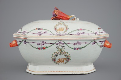 A monogrammed Chinese famille rose 25-piece service with a tureen on stand, Qianlong, 18th C.