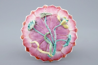 A Chinese famille rose lotus-shaped cup and saucer, Yongzheng, 1723-1735