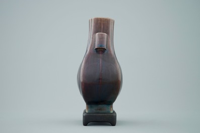 A Chinese monochrome aubergine fanghu shape vase, 19th C.