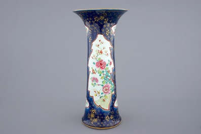 A tall Chinese famille rose powder blue ground vases, Qianlong, 18th C.