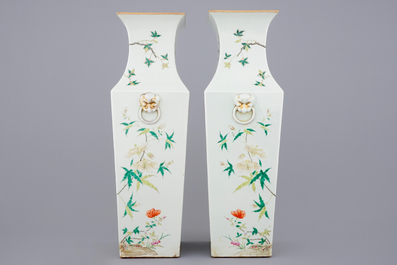 A pair of Chinese famille rose square vases with fine floral decoration, 19th C.
