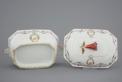 A monogrammed Chinese famille rose 25-piece service with a tureen on stand, Qianlong, 18th C.