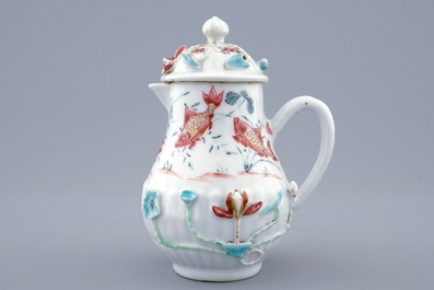 A Chinese relief-decorated famille rose jug and cover, Yongzheng, 1723-1735