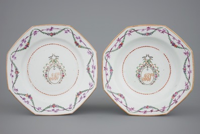 A monogrammed Chinese famille rose 25-piece service with a tureen on stand, Qianlong, 18th C.