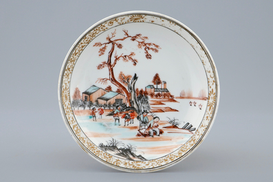 A Chinese export porcelain European subject cup and saucer, Yongzheng/Qianlong