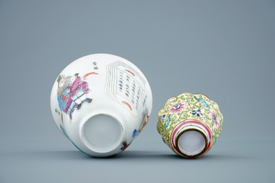 Two Chinese famille rose and Canton enamel cups and saucers and covered boxes, 19/20th C.