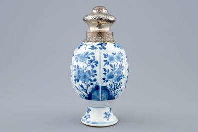 A Chinese blue and white silver-mounted tea caddy, Kangxi