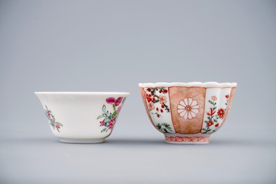 Two Chinese verte-Imari and famille rose cups and saucers, Kangxi/Yongzheng