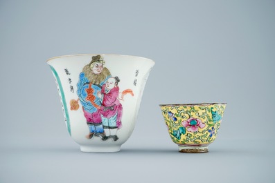 Two Chinese famille rose and Canton enamel cups and saucers and covered boxes, 19/20th C.