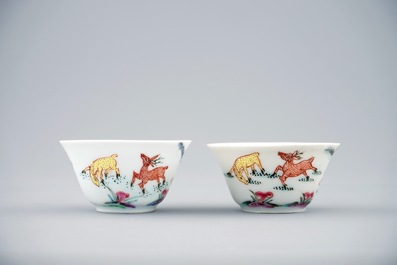 A pair of Chinese famille rose cups and saucers with deer, Yongzheng, 1723-1735