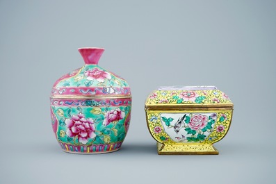 Two Chinese famille rose and Canton enamel cups and saucers and covered boxes, 19/20th C.